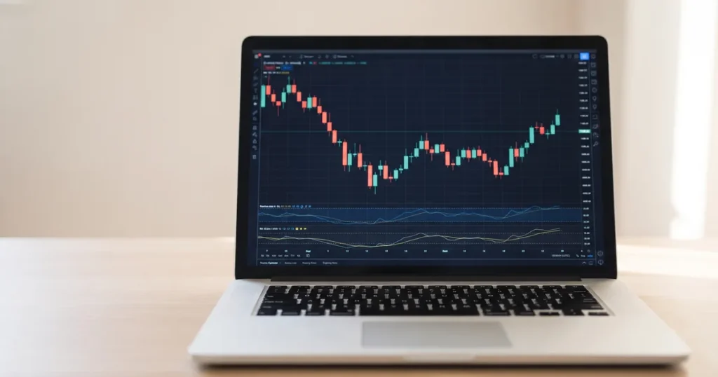 Alerta de preço de ações: gráfico de candlestick do mercado em notebook sobre mesa de madeira clara.