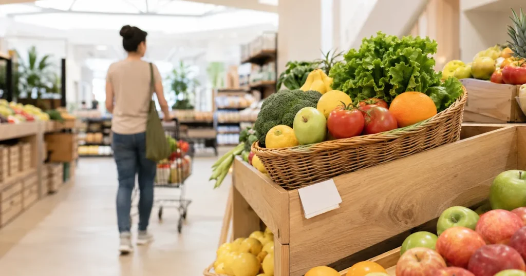 Calcular inflação pessoal no supermercado: cesta de frutas e verduras com etiqueta de preço e mulher com carrinho.