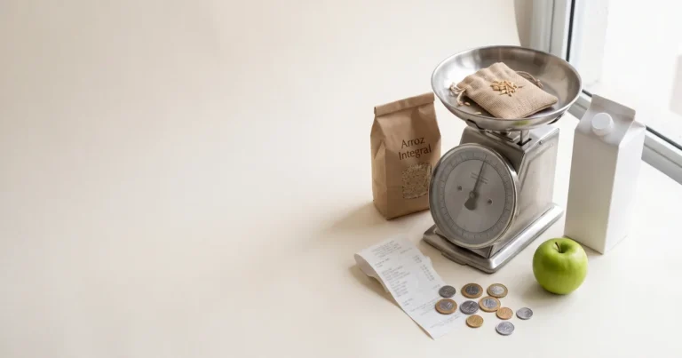 Calcular inflação pessoal: balança de cozinha com arroz, leite, maçã, cupom fiscal e moedas de real.
