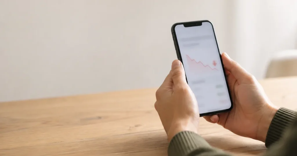 Chip clonado: mãos segurando celular com aplicativo de banco mostrando gráfico em queda.