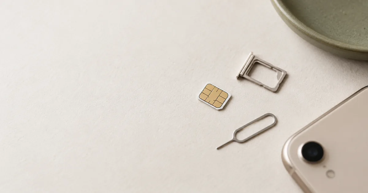 Chip clonado: chip nano-SIM, bandeja e pino de ejeção ao lado de um celular sobre superfície clara.